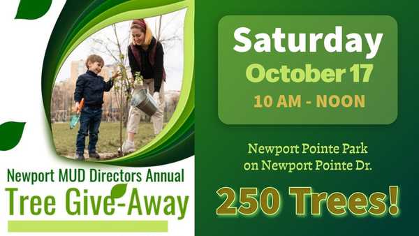 Promotional flyer for the Newport MUD Directors Annual Tree Give-Away on Saturday, October 17, from 10 a.m. to noon at Newport Pointe Park, offering 250 trees to residents.